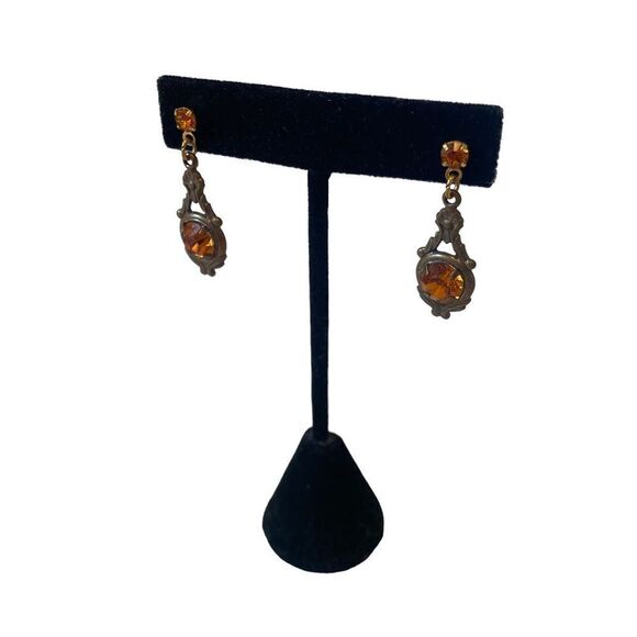 Sadie Green Vintage Faux Amber Stone & Antiqued Gold Tone Drop Earrings - Picture 5 of 6